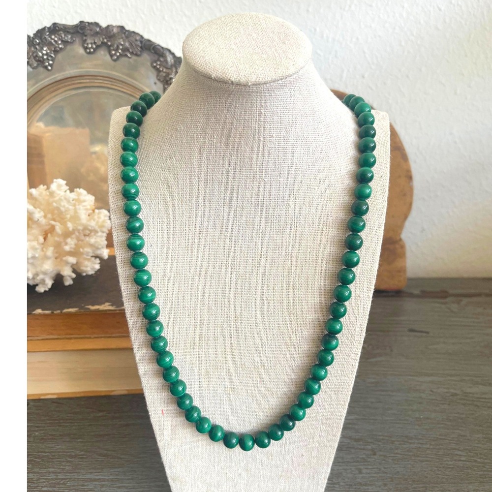 Vintage Malachite Bead Necklace 30" 10mm Beads Sterling Silver 925‎ Clasp 148g